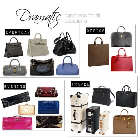 Dramatic handbags for all occasions by theluxejunkie on Polyvore featuring Ð¼Ð¾Ð´Ð°, Yves Saint Laurent, HermÃ¨s, Chanel, Louis Vuitton, Valentino, Nancy Gonzalez, Christian Louboutin, Gucci and Lanvin Pure Dramatic, Dramatic Clothes, Dramatic Classic Style, Dramatic Outfits, Soft Dramatic Style, Dramatic Classic Kibbe, Dramatic Ethereal, Bohemian Style Interior Design, Dramatic Gamine