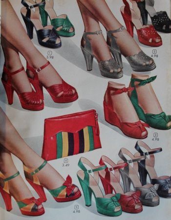 1940s womens shoes,, colorful peep toe heel, 1948 1950s Shoes, 1940s Shoes, Historical Shoes, Fashion 1940s, Shoes Ads, Lauren Bacall, Humphrey Bogart, 40s Fashion, Retro Shoes