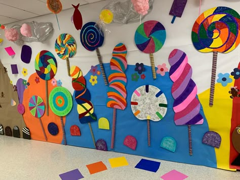 State Fair Bulletin Board Ideas, Reading Land Book Fair, Candy Land Room Transformation, Candy Land Book Fair Theme, Candyland Vbs Decor, Candyland Classroom Decorations, Candy Land Theme Party Decoration, Candyland Book Fair Theme, Candyland School Theme