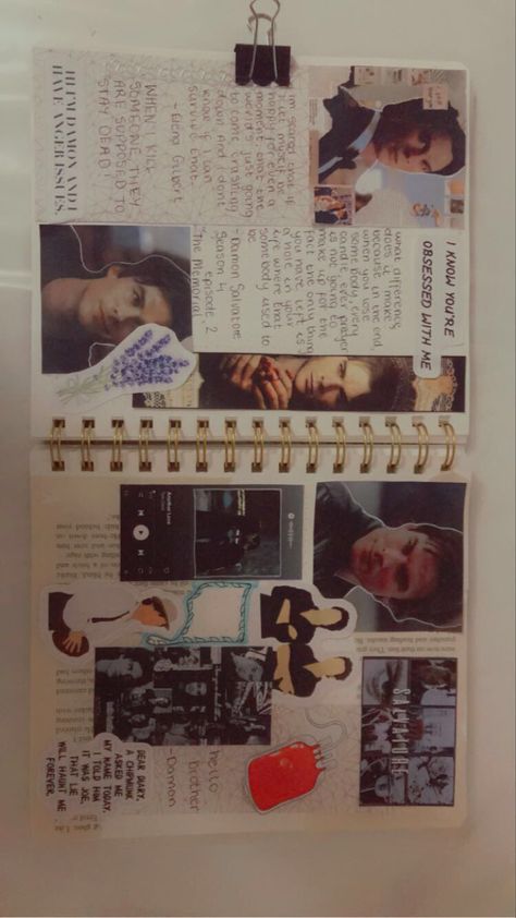 I have a journal which I create pages with my favorite characters and actors I add pictures, stickers and iconic quotes from the shows Tvd Diary Ideas, The Vampire Diaries Journal Ideas, Vampire Diaries Scrapbook Ideas, Vampire Diaries Journal Ideas, The Vampire Diaries Scrapbook, Vampire Diaries Scrapbook, The Vampire Diaries Journal, Vampire Diaries Journal, Tvd Scrapbook