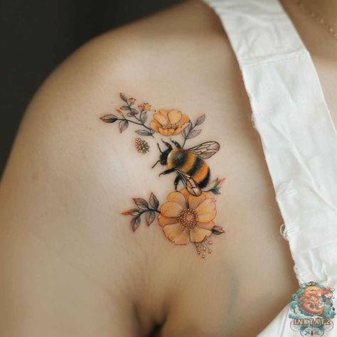 Bee Related Tattoos, Bee Moon Flower Tattoo, Fairy Flower Tattoos For Women, Feminine Tattoo Areas, Matching Garden Tattoos, Bee Back Tattoo Women, Tattoo Of A Bee, Birds And Bees Tattoo, Bumblebee And Flower Tattoo