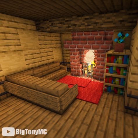 A cozy seat by the fireplace in this Minecraft cottage. Visit the link for the full build on my YouTube channel! Minecraft House Interior Living Rooms, Minecraft House Fireplace, Fireplace Design Minecraft, Minecraft Seating Ideas, Cozy Minecraft Houses Interior, Minecraft Interior Fireplace, Cozy Interior Minecraft, Cute Minecraft Fireplace, Minecraft Fireplace Ideas Cottage