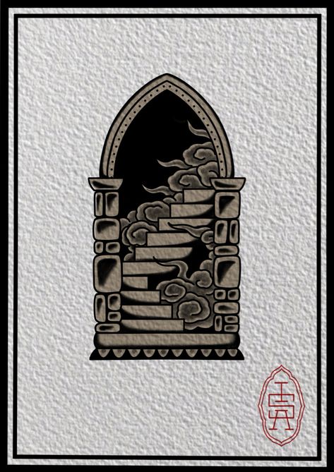 Door To Space Tattoo, Portal Door Tattoo, Traditional Portal Tattoo, Clock Tower Tattoo, Open Door Tattoo, Archway Tattoo, Stairway Tattoo, Doorway Tattoo, Staircase Tattoo