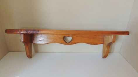 The great thing about those HEART shelves everyone had, is they usually were solid oak. I just took the back off and there was a solid oak shelf which is timele… Small Wooden Shelf, Country Shelves, Heart Shelf, Shelf Makeover, Shabby Chic Shelves, Oak Shelf, Antique Shelves, Sewing Room Decor, Old Drawers