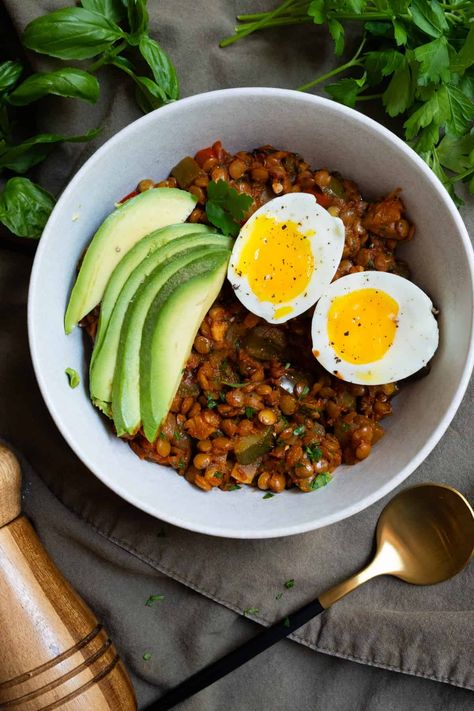 Eggs and Lentils for Breakfast - always from scratch Lentil Dinner Recipes, Lentil Recipes Easy, Red Lentil Recipes, Longevity Recipes, High Fiber Breakfast, Lentils Vegan, Prep Breakfast, Lentil Dishes, Breakfast Bread Recipes