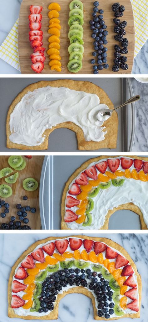 Rainbow Fruit Pizza, Well Plated, Pizza Vegana, Fruit Pizza Sugar Cookie, St Patricks Day Food, Preschool Snacks, Rainbow Fruit, Crescent Roll Dough, Rainbow Food