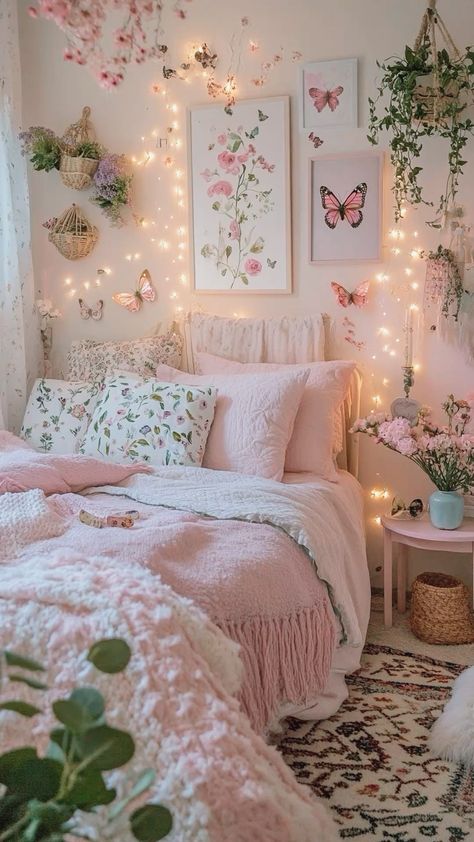 Create a cozy and whimsical bedroom with soft pink accents, fairy lights, and butterfly decor. This small space is filled with charm, featuring delicate flower designs and a soothing ambiance perfect for relaxation. Ideal for those who love a touch of femininity and nature in their decor. Transform your room into a peaceful haven with these sweet and simple design ideas. #CozyBedroom #PinkDecor #FairyLights #ButterflyDecor #FlowerDesigns #SmallBedroomIdeas #CozyVibes Apartment Room Inspo Aesthetic, Bedroom Decor Whimsical, Bedroom Inspirations Small Room Cozy, Room Ideas Aesthetic Flowers, Girls Cottage Core Bedroom, Dorm Room Mood Board, Pink And Lilac Bedroom, Bedroom Ideas Artsy, Cozy Apartment Decor Bedroom