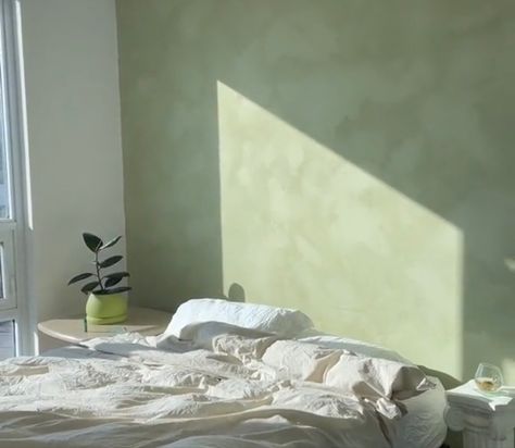 Light Colored Bedroom Walls, Green Painted Room Aesthetic, Limewash Walls Sage Green, Lime Wash Sage Green, Light Green Limewash, Lime Wash Green Bedroom, Green Limewash Accent Wall, Limewash Room Ideas, Limewash Green Bedroom