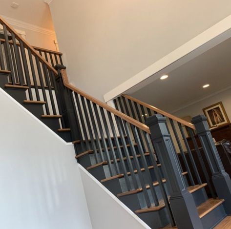 Black And Oak Staircase Stair Railing, Black Wooden Spindles Staircase, Black And Brown Stairs, Oak And Black Staircase, Black And Wood Staircase, Oak Staircase Makeover, Modern Wood Stairs, Stairs Stained, Black Painted Stairs