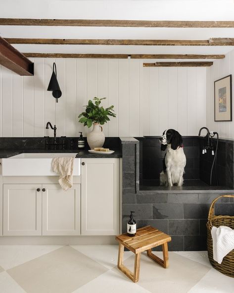 Erin Farmhouse | Evolving Country Farmhouse with Timeless Beauty and Contemporary Flair — Megan Crosbie Design Dog Room Garage, Dog Shower Ideas, Dog Station, Laundry Room Design Ideas, Pet Washing Station, House Laundry Room, Gym Garage, Engine House, Dog Spa