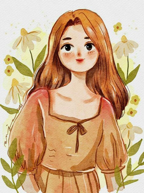 Watercolor Art Cute Cartoon, Cute School Drawings, Kawaii Illustration Art, Kawaii Painting, Illustration Art Drawing Sketches, Child Drawing, Illustration Art Kids, Painting Girl, Girl Painting