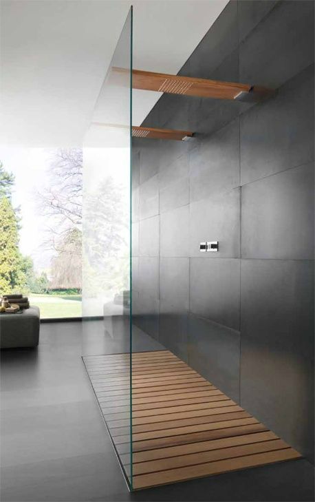 Stunning bathroom design with timber shower base and charcoal tiles. Large space with large floor to ceiling window. Spa Aesthetic, Pool Bathroom, Double Shower, Contemporary Bathroom Designs, Primary Bathroom, Bad Inspiration, Glass Walls, Bath Ideas, Modern Shower