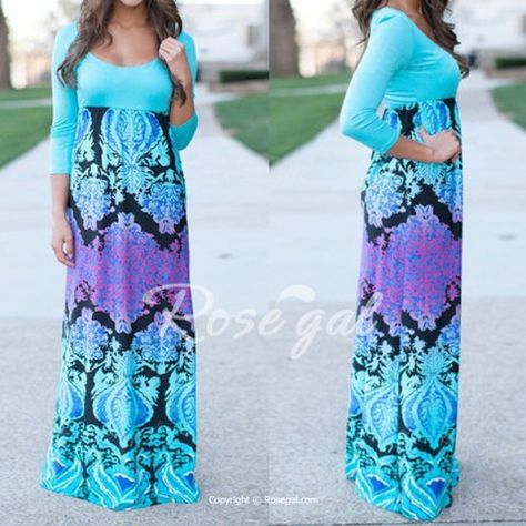 Stylish Scoop Neck 3/4 Sleeve Printed Women's Dress Maxi Dresses | RoseGal.com Mobile Floor Length Maxi Dress, Maxi Dress Summer, Mode Casual, Maxi Dress Online, Sammy Dress, Women Maxi, Long Sleeve Maxi, Evening Party Dress, Buy Dress