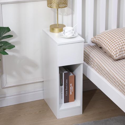 Pantanal Slim Wood Bedside Table Bedroom Nightstand with Shelf and Drawer, Narrow Bathroom Small Floor Storage Cabinet Living Room End Table Sofa Side Table (White) Side Shelf, Slim Nightstand, Small Bed Side Table Ideas, Wooden Small Bed Tables, Small Side Table Bedroom, Small Bedside Table Ideas, Narrow Bedside Table Wood, White Bed With Wooden Side Tables, Bed Side Table White And Wood