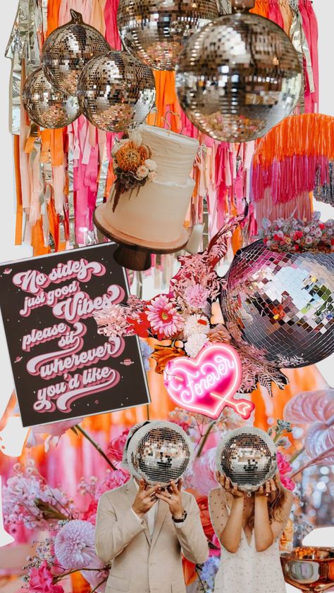 #discowedding #disco #wedding #retrowedding #myfirstshuffle Hippies, Retro Wedding Nails, Disco Backyard Party, Eclectic Birthday Party, Disco Cowgirl Wedding, Disco Theme Wedding, Disco Wedding Theme, Disco Garden Party, Boho Disco Wedding