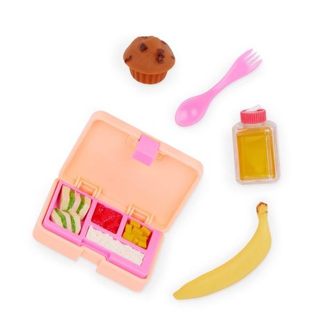 Send your 18-inch doll student to the cafeteria for delicious fun with the Our Generation Out to Lunch set! An exciting way to prep for school-day lunches, this bento-style lunchbox opens to reveal 4 compartments filled with mini sandwiches, jello, fruit, and rice so your child can play lunchtime with their favorite dolls. And additional accessories like a banana, juice bottle, spork, and muffin add to the storytelling! This school lunch set features realistic details in every play food item, an Our Generation Doll Accessories, Lunch Bento, Baby Doll Nursery, Play Food Set, Barbie Doll Set, Mini Sandwiches, Disney Toddler, American Girl Doll Accessories, Our Generation Dolls