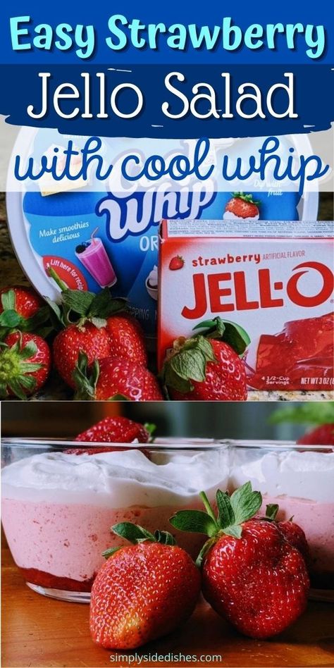 This strawberry jello salad with cool whip offers a fresh take on jello salad is a go-to side dish all spring and summer long! It’s delicious, easy to make, and will please everyone at the dinner table. Our family loves this salad, and with three ingredients, it’s a simple dish we can make for dinner or dessert all the time. Strawberry Jello And Cool Whip, Strawberry Jello With Strawberries, Hello And Cool Whip, Jello Strawberry Salad, Hello With Cool Whip, Fluffy Jello Salad Cool Whip, Strawberry Jello Whipped Cream Dessert, Jello Mixed With Cool Whip, Spring Jello Salads