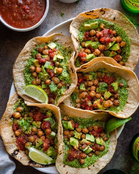 20-Minute Chickpea Tacos - Rainbow Plant Life Pesto Uses, Grilled Vegetable Skewers, Rainbow Plant Life, Chickpea Tacos, Easy Taco Recipes, Cilantro Pesto, Spiced Chickpeas, Roasted Cashews, Taco Night