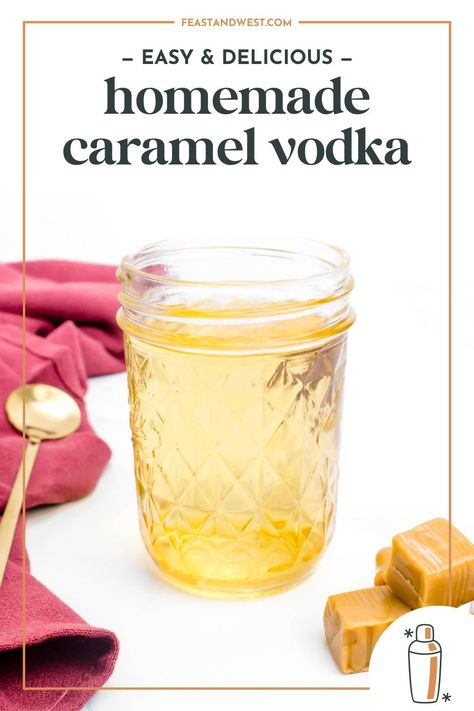 Make your own caramel vodka to mix drinks with or to give as gifts! Sweet and flavorful, you'll be surprised how easy it is to make at home! Caramel Infused Vodka, Caramel Moonshine Recipes, Carmel Vodka Recipes, Salted Caramel Vodka Recipes, Caramel Vodka Recipes, Infused Vodka Recipes Diy, Flavored Vodka Recipes, Carmel Vodka, Cocktail Infusions