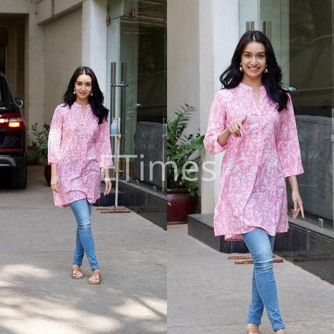 1,395 Likes, 19 Comments - ETimes (@etimes) on Instagram: "Shraddha Kapoor was spotted in a pretty pink kurti at a dubbing studio. #ShraddhaKapoor #BollywoodCelebrities #Bollywood #ETimes" Shraddha Kapoor Kurti Outfit, Short Kurtis For Jeans Fashion, Dubbing Studio, Pink Kurti, Simple Style Outfits, Celebrity Casual Outfits, Simple Kurti Designs, Stylish Short Dresses, Casual Indian Fashion