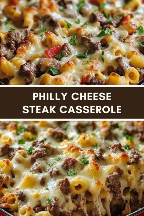 Ground Beef Philly Cheese Steak Bowl, Easy Comfort Casseroles, Easy Dinner Oven Recipes, Philly Cheese Steak Casserole Crock Pot, Philly Cheese Steak Pasta Casserole, Steak And Cheese Recipes, Philly Cheese Steak Mac And Cheese Crockpot, Steak And Bacon Recipes, Philly Cheese Steak Stuffed Shells