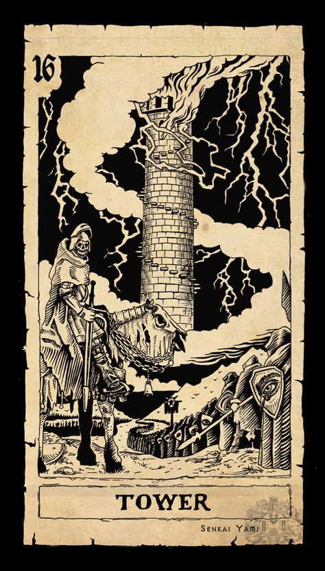 Tarot Cards Tower, Arcane Limbus Tarot, The Tower Tarot Tattoo, Senkai Yami, Tower Tarot Card, Tower Tattoo, Tarot Cards Art Illustration, The Tower Tarot Card, The Tower Tarot