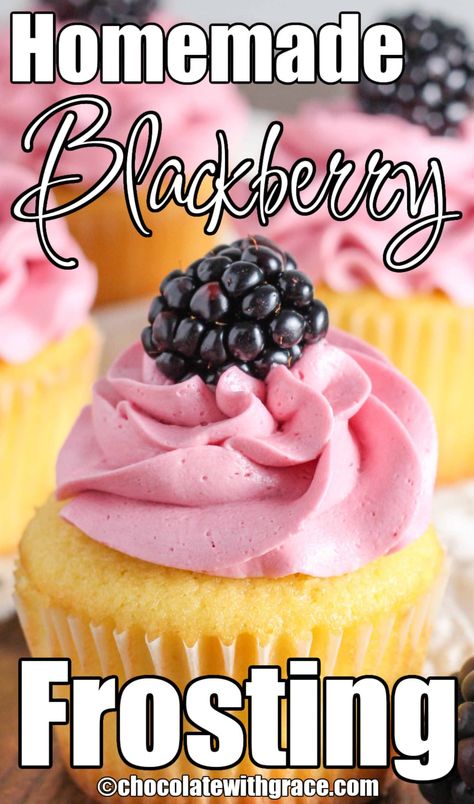 Black Raspberry Cupcakes, Lemon Blackberry Cupcakes, Blackberry Cream Cheese Frosting, Blackberry Cupcakes Recipes, Blackberry Frosting Recipe, Frosting Tricks, Cake Roll Ideas, Blackberry Buttercream Frosting, Lavender Invitations