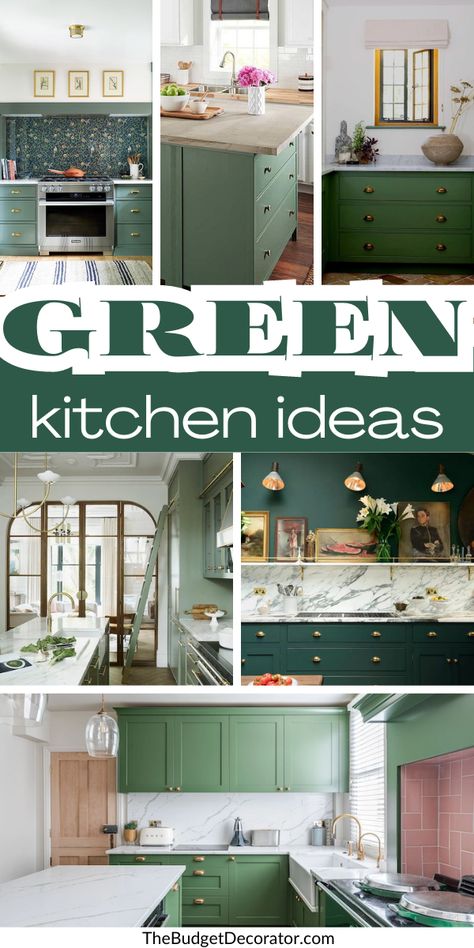 Backsplash For Green Kitchen, Kitchen Tiles Backsplash Green Cabinets, Best Backsplash For Sage Green Cabinets, Green Cabinets With White Backsplash, Backsplash Ideas For Green Cabinets, Green Cabinets Backsplash Ideas, Green Cabinet Kitchen Ideas, Kitchen Cabinet Green Color Ideas, Green And White Backsplash