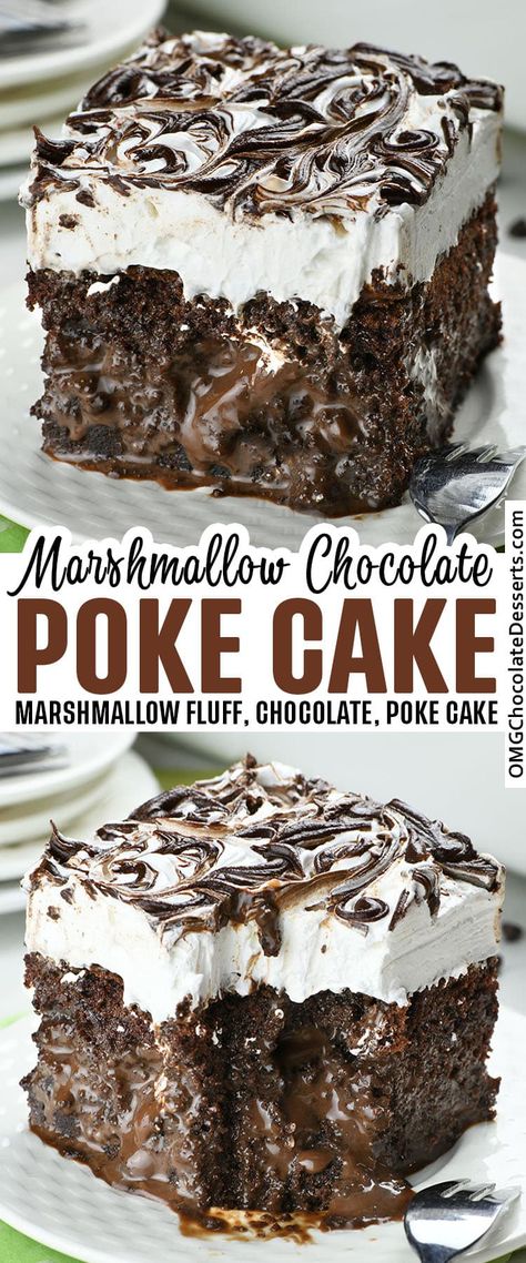 Good Desserts To Make, Marshmallow Chocolate, Chocolate Poke Cake, Poke Cake Recipes, Decadent Chocolate Cake, Poke Cakes, Chocolate Dessert Recipes, Poke Cake, Desserts To Make