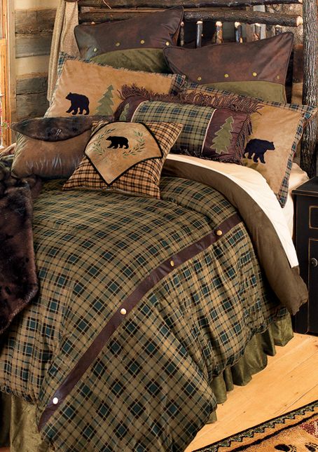 Alpine Bear Log Cabin Bedding Log Cabin Bedding, Cabin Style Bedroom, Cabin Bedding, Rustic Bedding Sets, Log Cabin Style, Hiasan Bilik Tidur, Cabin Bedroom, Black Forest Decor, Cabin Bed