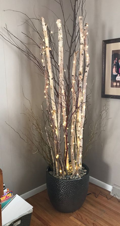 Potted Birch Tree, Birch Tree Light Decor, Birch Pole Decor, Birch Tree Ideas Home Decor, Decor With Birch Branches, Birch Branches Decor, White Birch Branches Decorating Ideas, Birch Sticks Decor, White Birch Trees Decor