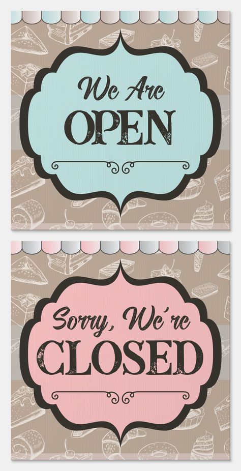 A beautiful double-sided sign for your store shop's window announcing whether you are open or closed. One side is in mint green and the other side in pink, with editable text. Background has different baked goods of breads, ice cream, cupcakes, croissants and other delicious sweets you would find in a bakery, bordered by an illustrated awning. Open A Bakery Business, Open Shop Sign, Diy Open Sign, Open Closed Sign Ideas, Open Close Sign, Bakery Clipart, Open & Closed Signs, Opening A Bakery, Baking Quotes