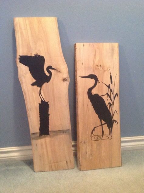 Heron Silhouettes on Live Edge Birch for the Master Bathroom Painted Paddles, Heron Art, Wood Craft Patterns, Fence Art, Wood Burning Patterns, Wood Burning Art, Scroll Saw Patterns, Driftwood Art, Baskets On Wall