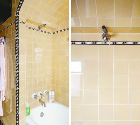 How To Refresh a Vintage Bathroom + Keep the Charm: I of II - Yellow Brick Home Yellow Tile Bathroom Ideas, Gold Tiles Bathroom, Bathroom Tile Shower Ideas, Tiles Kitchen Floor, Small Shower Room Ideas, Square Tile Bathroom, Yellow Tile Bathroom, Vintage Yellow Bathroom, Tiles Painting