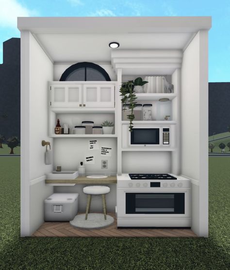 Bloxburg Tiny Apartment Layout, Bloxburg Tiny Kitchen, Boo Burg Kitchen Ideas, Bloxburg Tiny Home Layout, Bloxburg Kawaii House, Coffee Bar Bloxburg, House Layouts One Floor, Bloxburg Shelf Decor Ideas, Mood Station Bloxburg