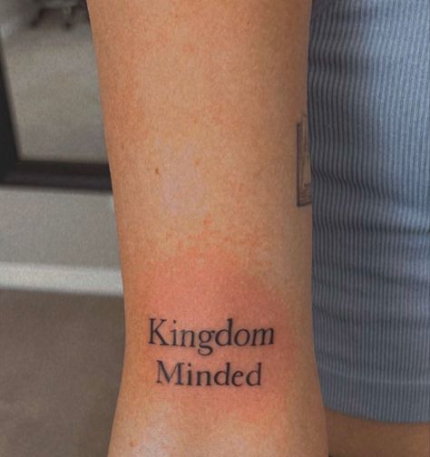 Kingdom Minded Tattoo, Tattoo Ideas Female Biblical, Christian Word Tattoos, Small Bicep Tattoos For Women, Tiny Christian Tattoos For Women, Christian Girl Tattoos, Wwjd Tattoo, Godly Tattoos For Women, Christian Tattoos For Women Unique