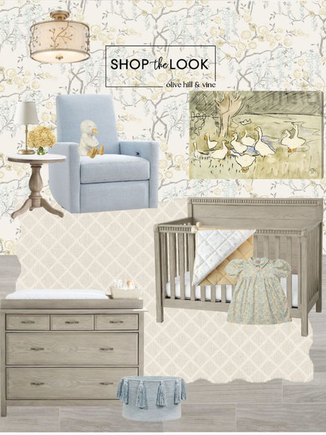 Welcome to our darling duckling-themed nursery! Soft yellows & blues adorn the walls in a charming floral & branches pattern wallpaper. A cozy baby blue swivel glider with a stuffed ducky awaits snuggles. Theo Van Hoytema's duck art adds whimsy. Complete with marble end table, hydrangea bouquet, & a double-wide arch mirror for a touch of elegance. Duckling Delight!   Follow my shop @OliveHillandVine on the @shop.LTK app to shop this post! Duck Egg Blue Nursery, Light Blue And Yellow Nursery, Duckling Nursery Theme, Duckling Nursery, Blue Nursery Girl, Yellow Nursery Decor, Marble End Table, Nursery Decor Inspiration, Duck Wallpaper