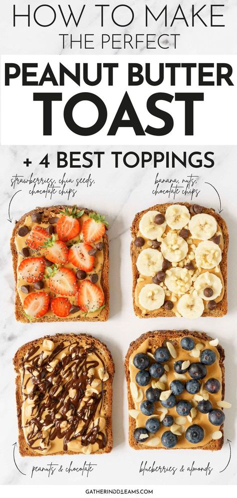 peanut butter toast Nut Butter Toast Ideas, Snack Toast Ideas, Foods With Peanut Butter, Peanut Butter Recipes Breakfast, Meals With Peanut Butter, Healthy Vegetarian Breakfast Ideas, Types Of Toast For Breakfast, Oatmeal Breakfast Ideas Healthy, How To Eat Peanut Butter