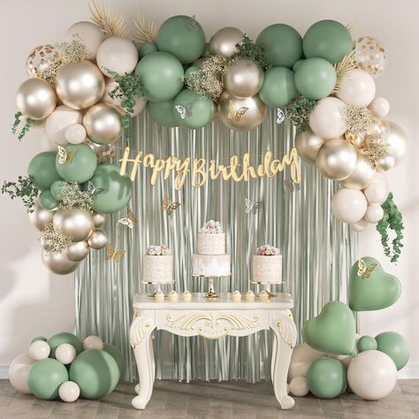 Green And White Birthday Party Ideas, Birthday/retirement Party, 18th Birthday Party Color Schemes, Pastel Green Birthday Party Decorations, Sage Green Balloon Decorations, Green And Gold Birthday Theme, Green Gold Decorations Party, Sage Green 18th Birthday Theme, Birthday Decor Ideas For Women