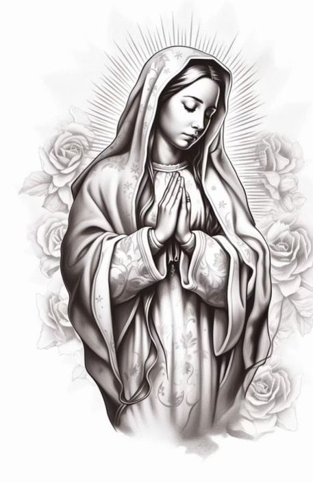 Praying Virgin Mary Tattoo Design, Virgin Mary Tattoo Design Drawing, Virgin Maria Tattoo, Mama Mary Tattoo Design, Maria Tattoo Design, Chicano Tattoo Stencil, Virgin Mary Tattoo Stencil, Virgin Mary Tattoo Design, Virgin Mary Design