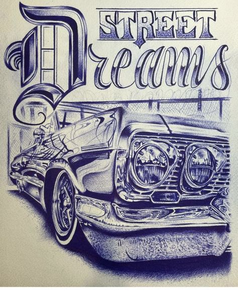 Lowrider Oldies Drawing, Latin Drawings, Lowrider Drawings Easy, Lowrider Sketch, Lowrider Tattoo Designs, Lowriders Drawings, Pen Art Chicano, Lowrider Art Gangsters, Low Rider Drawing