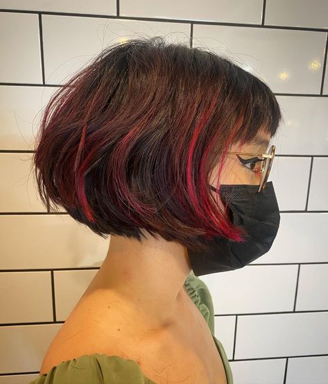 French Bob Dyed Hair, French Bob Color, Fun Bob Hair Colors, Short Brown Hair With Colored Highlights, Red French Bob, Dyed Bob Hair, French Bobs, Oval Face Bangs, Peekaboo Highlights