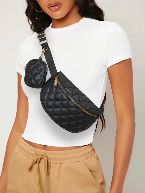 Black Fashionable Collar  PU Leather Plaid,Quilted Bum Bag Embellished   Women Bags Side Bag Outfit, Waist Bags For Women, Side Bags For Women, Side Purses, Waist Bag Women, Waist Pouch, Adjustable Bag, Small Pouch, Mini Pouches