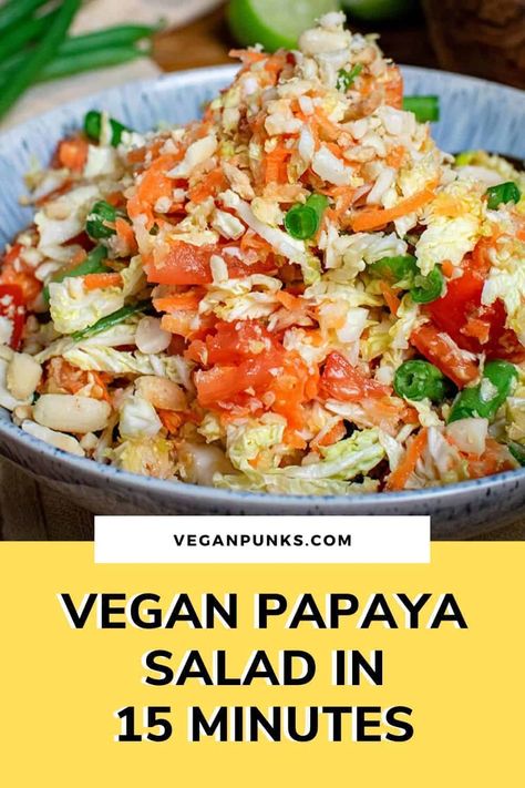 Here's an authentic vegan papaya salad we picked up on our travels to Thailand. It's great for making ahead and is ready in just 15 minutes! #thaifood #papayasalad #veganthai #vegan #salad Vegan Thai Recipes, Basil Stir Fry, Thai Soups, Thai Panang Curry, Papaya Recipes, Curry Yellow, Green Papaya Salad, Khao Soi, Panang Curry