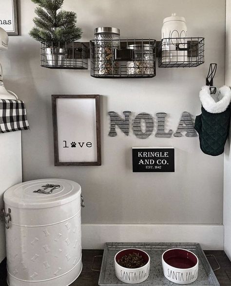 A stylish way to organize your fur baby's essentials. More pet inspo in our IG! Dog Corner Ideas, Dog Room Design, Dog Station, Dog Room Decor, Dog Bedroom, Puppy Room, Dog Organization, Dog Corner, Corner Ideas