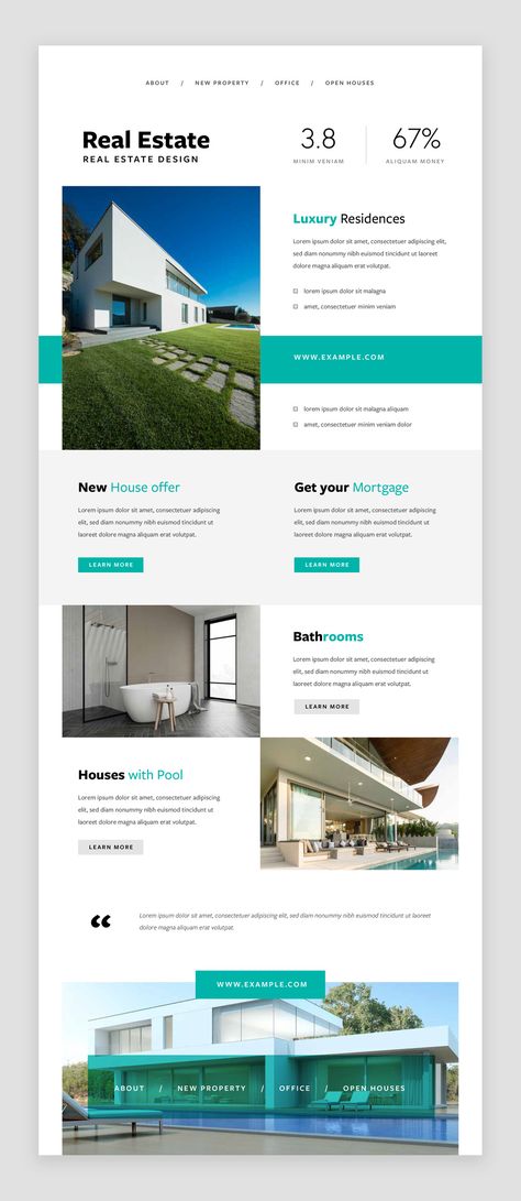 Modern real estate email newsletter with a teal accent. Features beautiful photos of homes, design tips, and real estate news. Subscribe Real Estate Newsletter Ideas, Best Presentation Design, Real Estate Newsletter, Newsletter Design Templates, Mailing Design, Newsletter Ideas, Business Web Design, Modern Real Estate, Real Estate Marketing Design