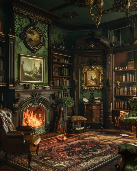 Stepping back in time with the opulence of dark green Victorian interiors. Every corner tells a tale of grandeur and sophistication. 🌿✨ . . . . . #plumnearlyprints #VictorianElegance #DarkGreenDecor #TimelessDesign #OrnateInteriors #VintageCharm #HistoricHome #InteriorInspiration #darkacademia #darkacademiavibes #darkacademiaaesthetic #darkacademiaart #darkaesthetic #moodyvibes #greenacademia #cozyacademia #sherlockholmes #cottagecore #cottagedecor #cottageliving #cottagehome #cozyhomes... Victorian Cozy House, Victorian Witch House Interior, Victorian Decor Aesthetic, Dark Victorian Homes Interior, Dark Green Victorian Bedroom, Dark Victorian Interior, Small Victorian Homes Interior, Old English House Interior, Dark Green Cottagecore