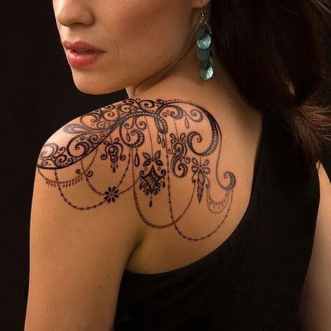 20 Most Gorgeous Chandelier Tattoo Ideas Small Tattoo Placement, Lace Tattoo Design, Cool Shoulder Tattoos, Girls With Sleeve Tattoos, Muster Tattoos, Back Of Shoulder Tattoo, Lace Tattoo, Shoulder Tattoos For Women, Thigh Tattoos Women