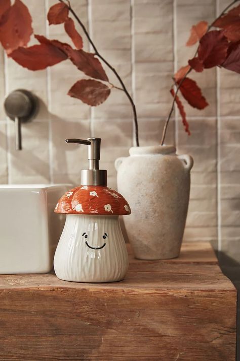 Mushroom Autumn, Orange Mushroom, Fall Bathroom, Orange Bathrooms, Ceramic Soap Dispenser, Mushroom Decor, Touch Lamp, Custom Sofa, Wedding Guest Dress Summer