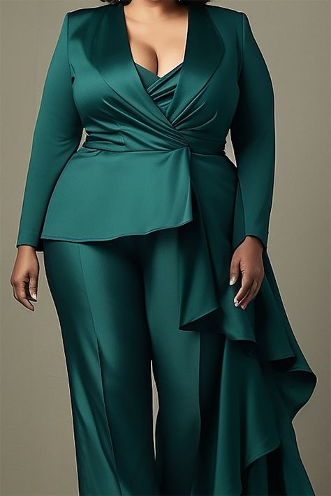 Plus Size Stylish Matching Sets for Women | Xpluswear Elegant Pant Suits Wedding Classy, Mother Of The Bride Pants Outfit, Wedding Guest Pants, Green Outfits For Women, Plus Size Outfits Casual, Mother Of The Bride Suits, Bride Elegant, Bride Suit, Pant Suits For Women